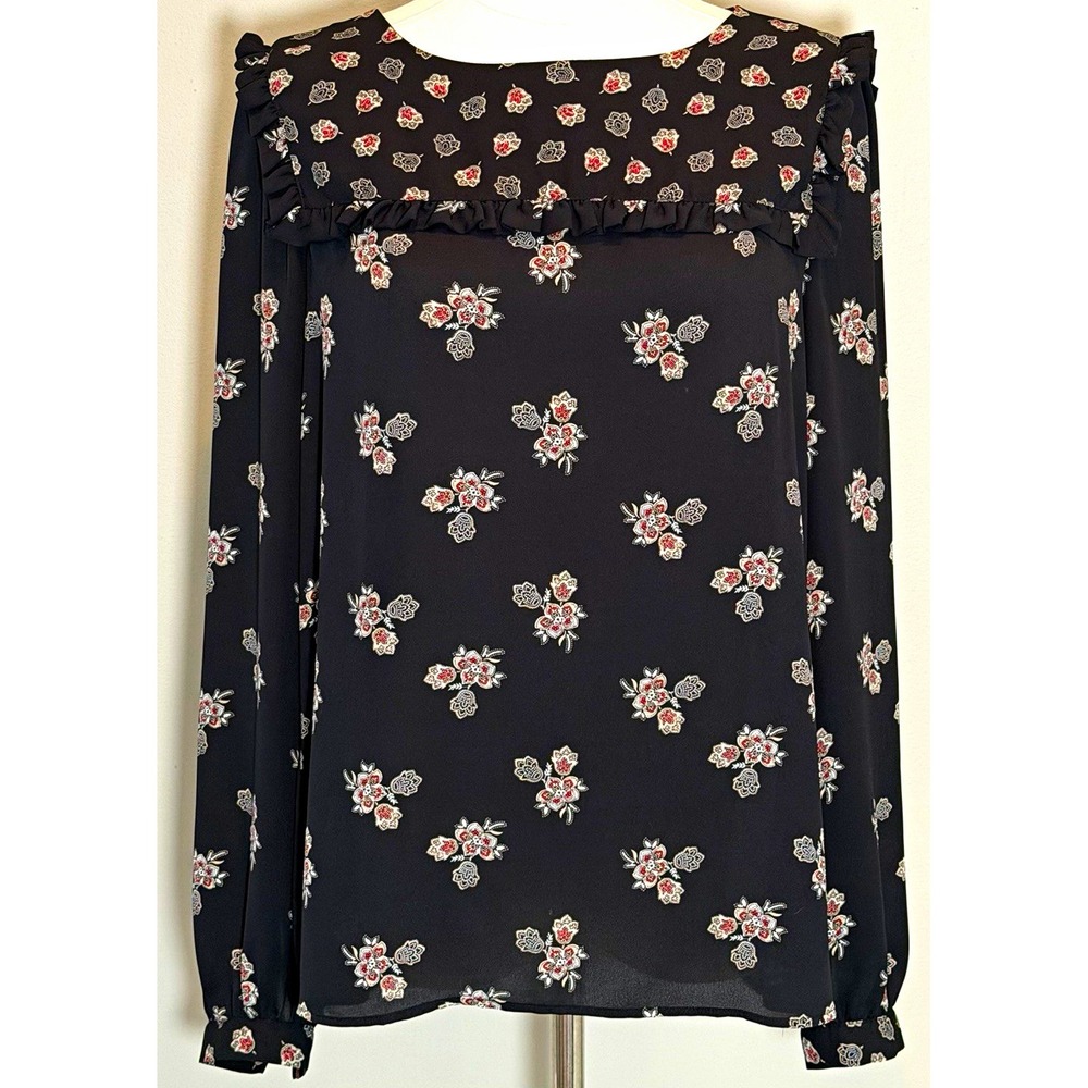 LOFT Black Floral Round Neck Long Sleeve Ruffle Woven Blouse Women S